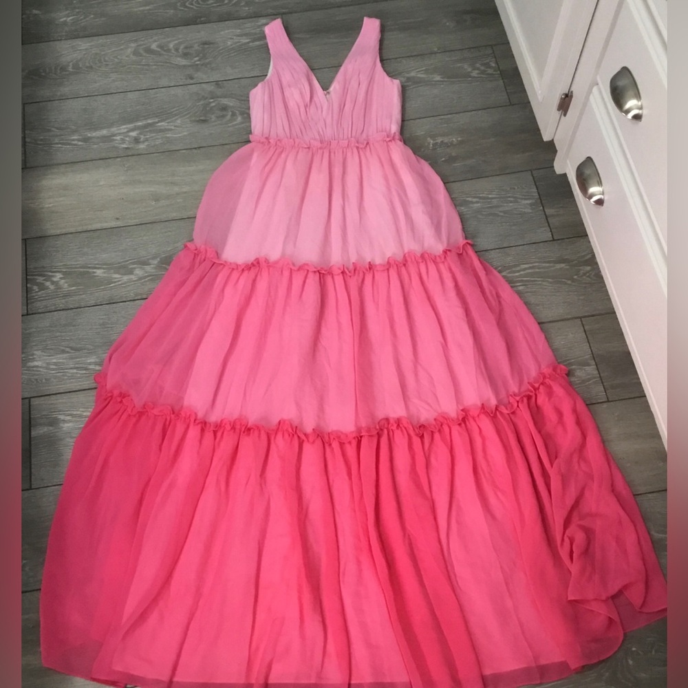 AIDEN AIDEN MATTOX Pink Colorblock Tiered Ruffle Maxi Dress size 0 - Picture 4 of 14